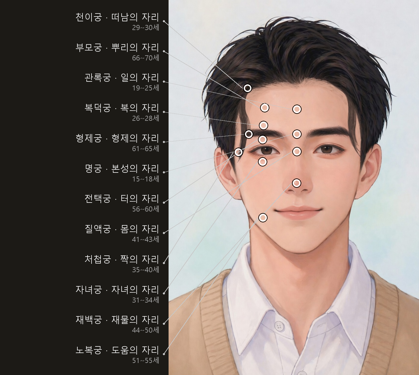 얼굴 위 열두 자리, 12궁 위치